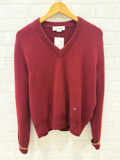VICTORIA BECKHAM Long Sleeves V Neck Burgundy Red Cashemire Sweater / S