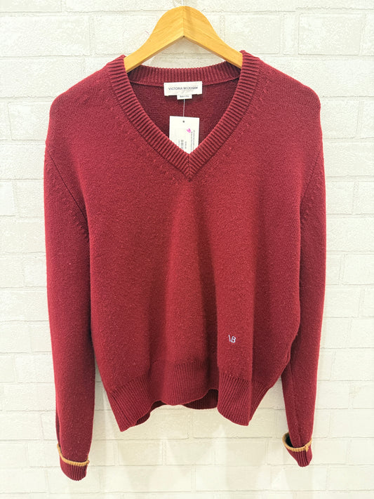 VICTORIA BECKHAM Long Sleeves V Neck Burgundy Red Cashemire Sweater / S