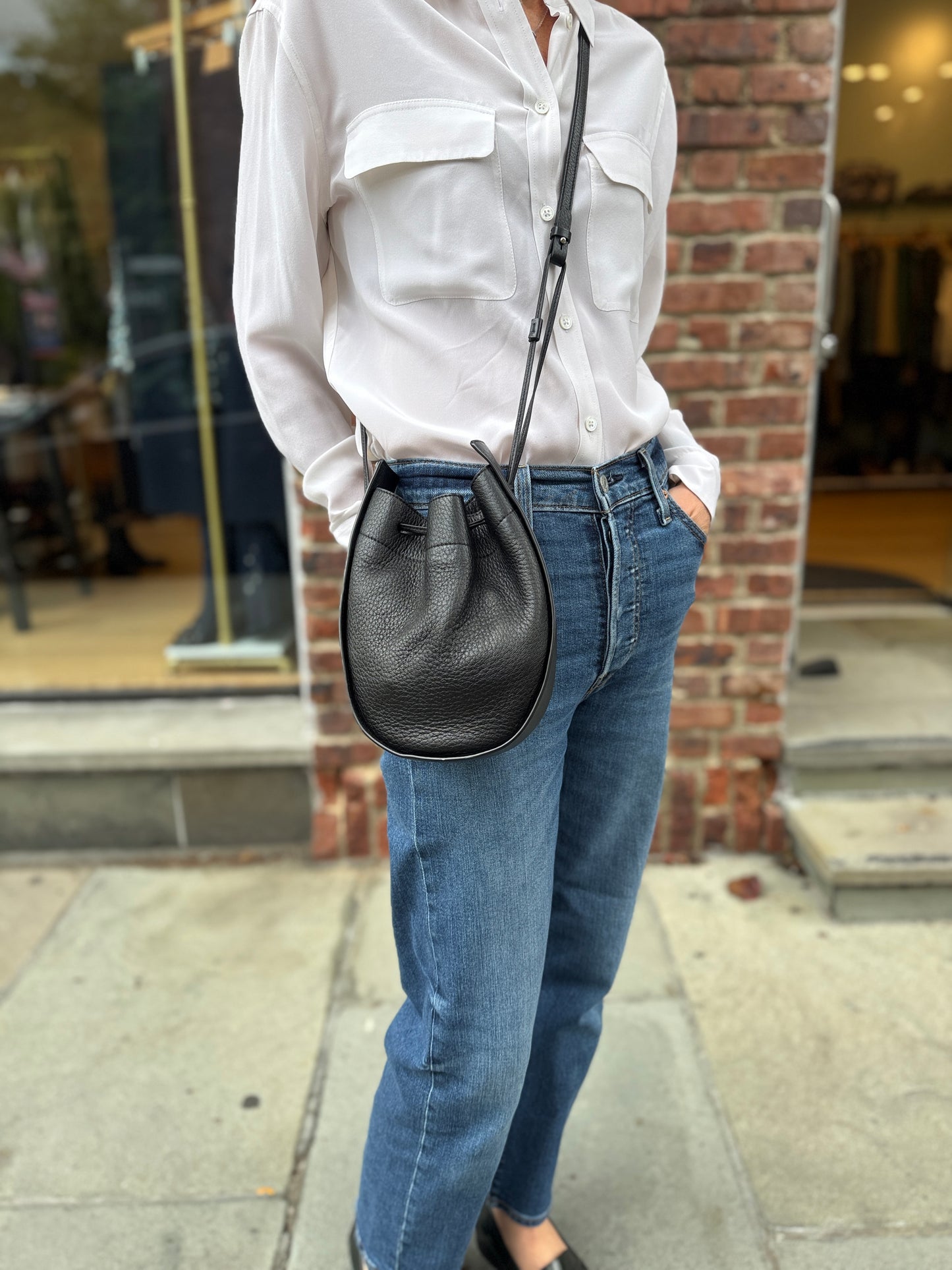 THE ROW Black Drawstring Leather Pouch / OS