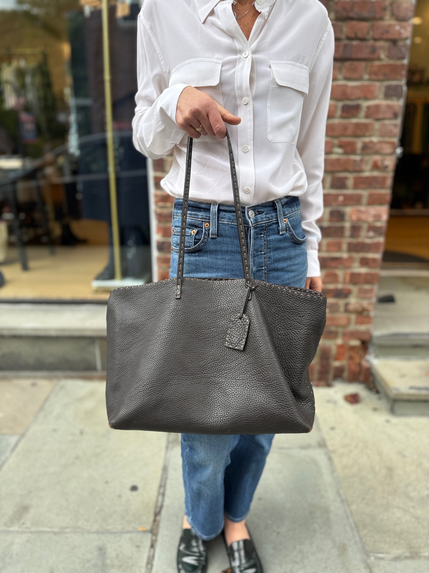 FENDI Selleria Leather Brown Stitch Tote Bag