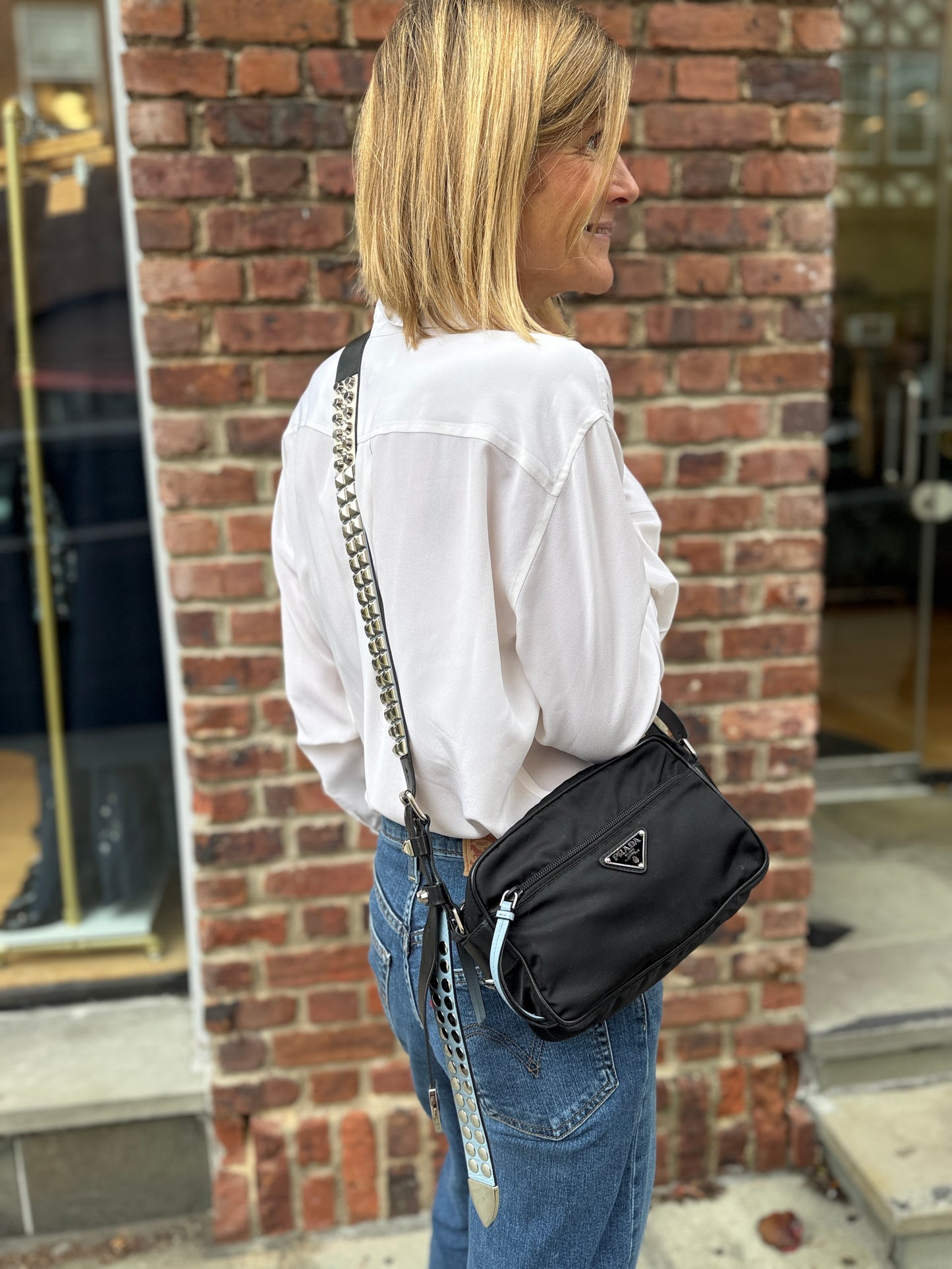 PRADA Tessuto Nylon Studded Shoulder Bag