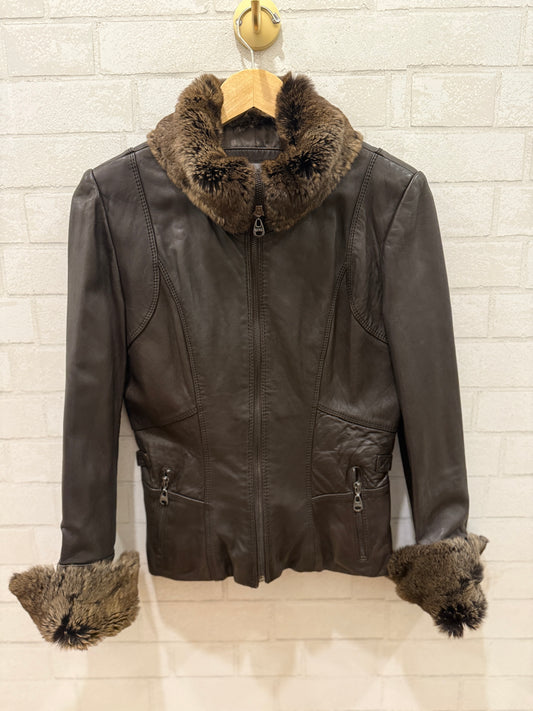 ANDREW MARC Rabbit Fur Collar Leather Jacket/S