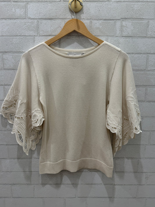 OSCAR DE LA RENTA Laser Cut Embroidered Sleeves Sweater / M