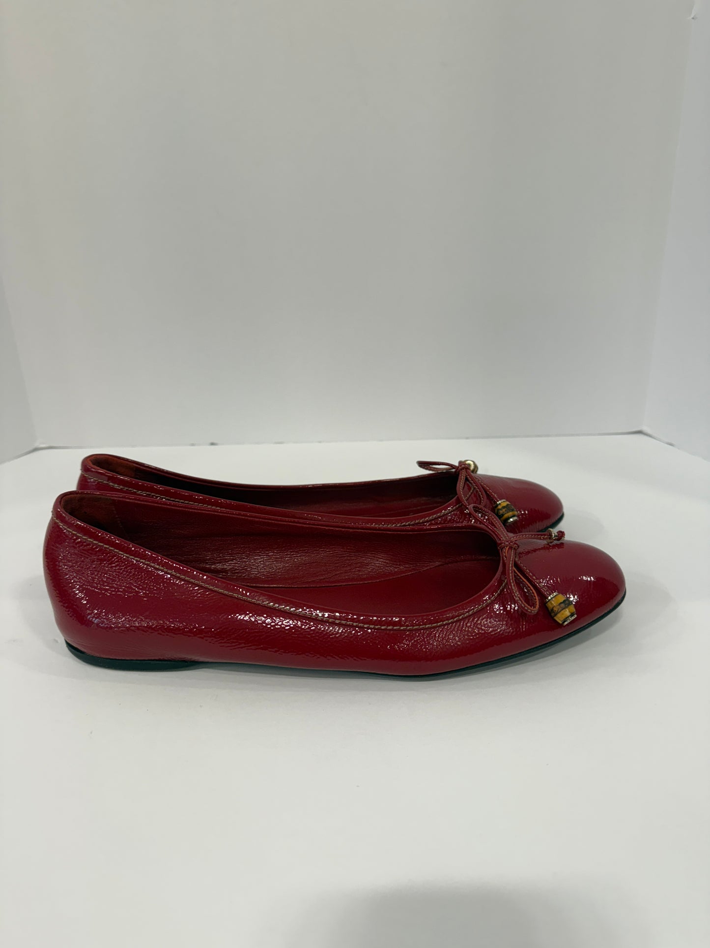 GUCCI Red Patent Leather Bamboo Bow Ballet Flats / US7.5-EU38.5