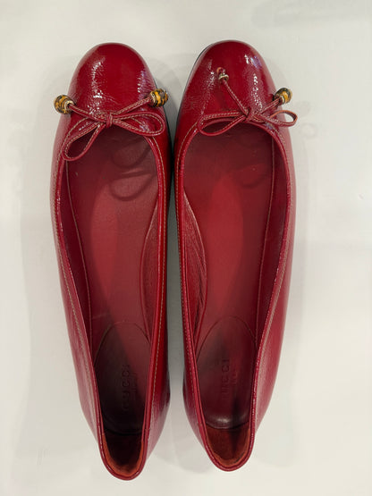 GUCCI Red Patent Leather Bamboo Bow Ballet Flats / US7.5-EU38.5