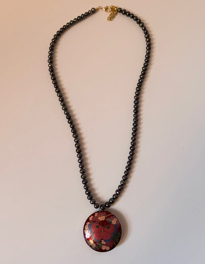 NO BRAND Vintage Butterfly Puffy Cloisonné Pendant Necklace