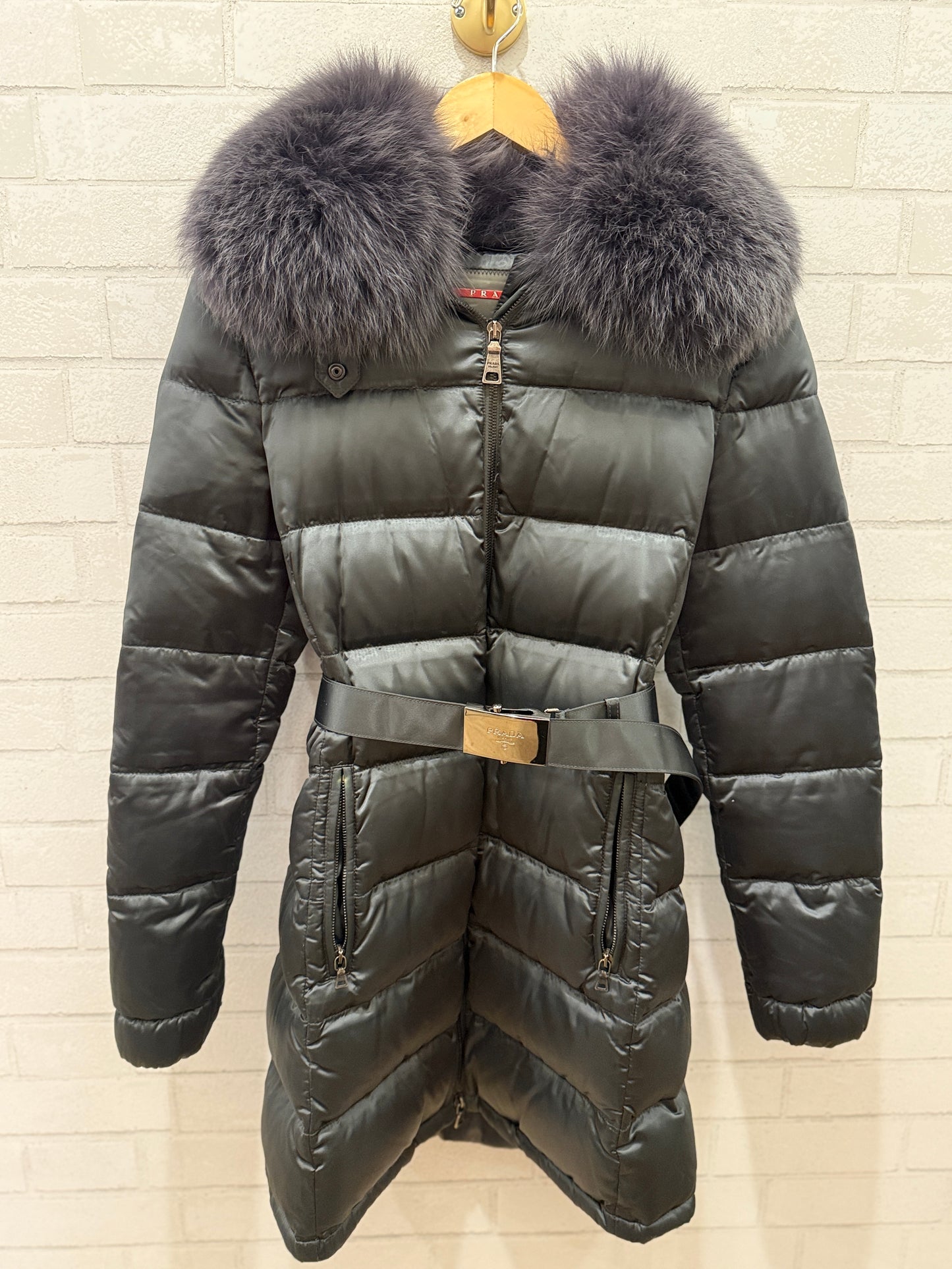 PRADA Down Fur Trim Parka with Belt/S