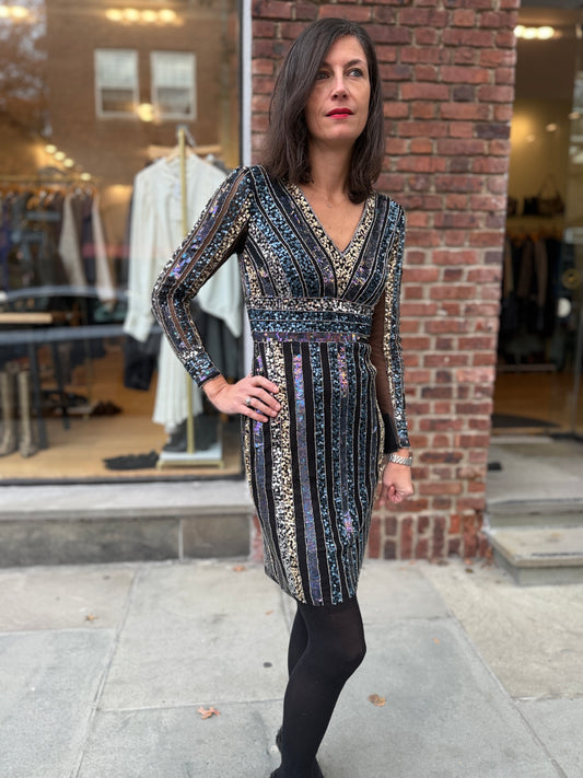 ADRIANNA PAPELL NWT  LS Sequin  Midi Dress/ US0_XS