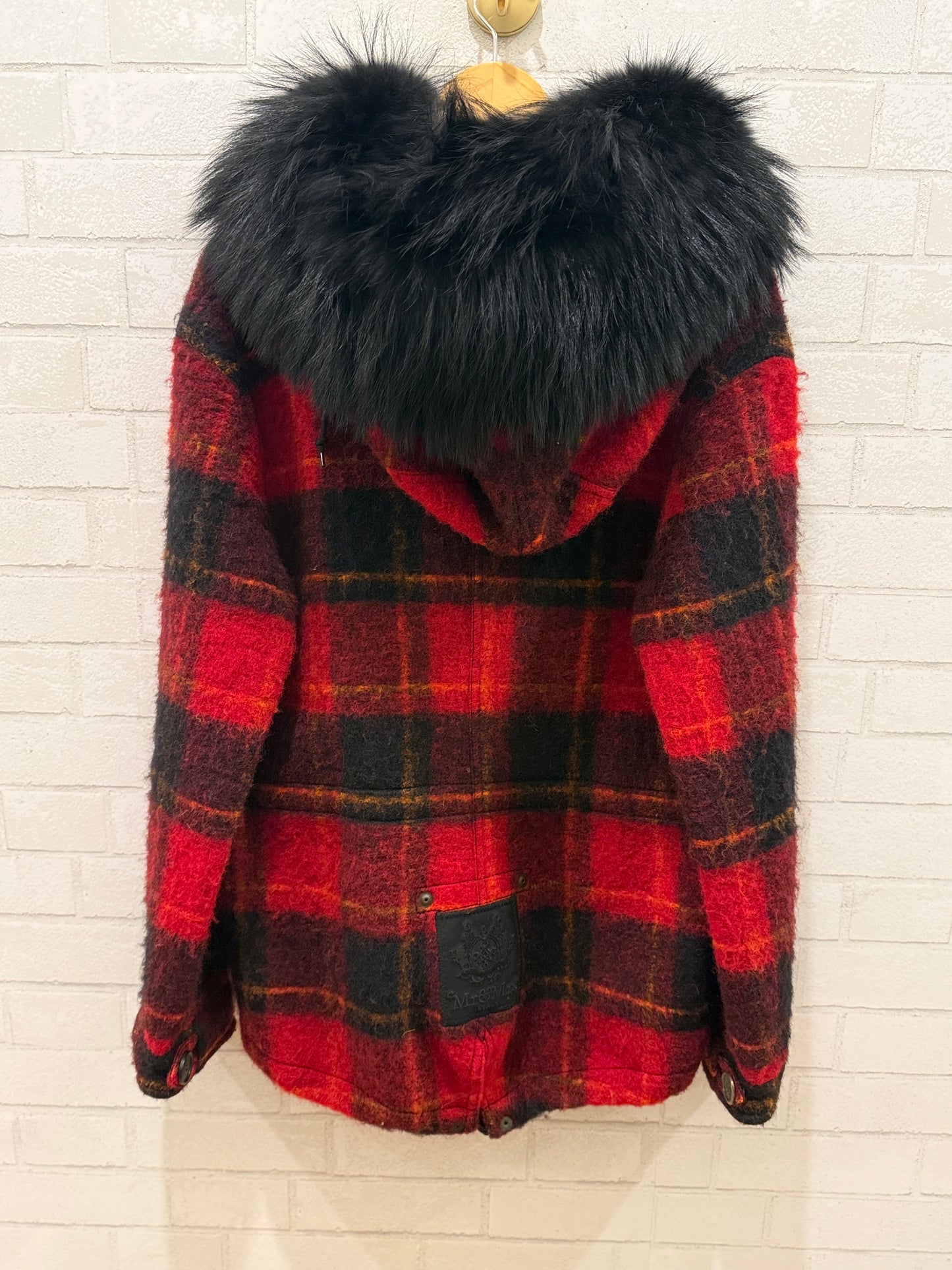 MR&MRS ITALY Red Plaid WooParka w. Black Fur Collar  / Size M