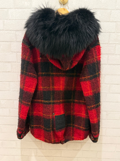 MR&MRS ITALY Red Plaid WooParka w. Black Fur Collar  / Size M