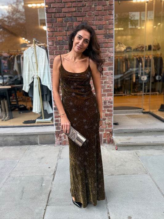 CARMEN MARC VALVO String Velvet Beaded Long Bustier Dress/US4-S