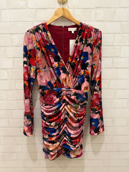 RONNY KOBO Mini Pink LS Floral Print Rushed Dress / M
