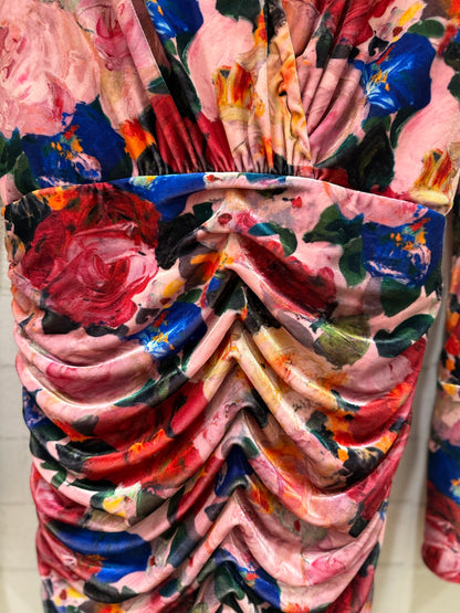 RONNY KOBO Mini Pink LS Floral Print Rushed Dress / M