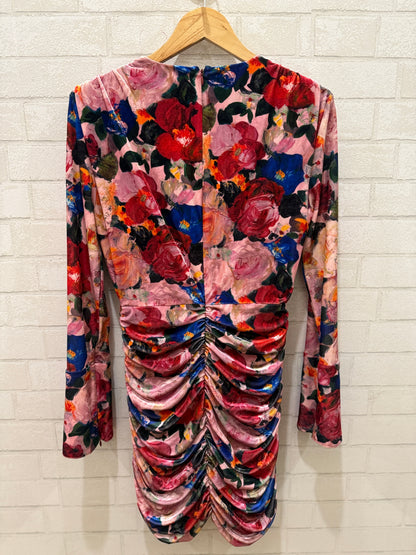 RONNY KOBO Mini Pink LS Floral Print Rushed Dress / M