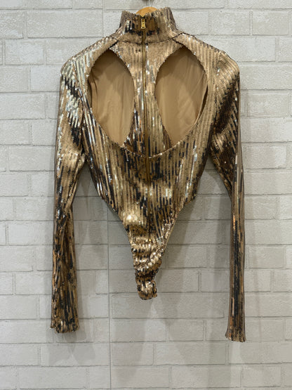 LAQUAN SMITH Gold Sequin LS Body Suit / L