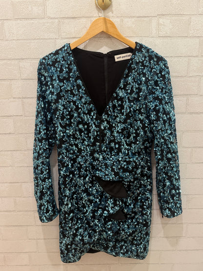 SELF-PORTRAIT Zip Front Blue Sequin LS Dress / M - US6