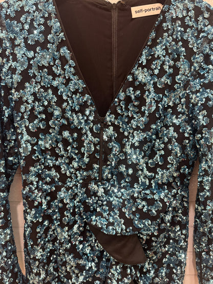 SELF-PORTRAIT Zip Front Blue Sequin LS Dress / M - US6