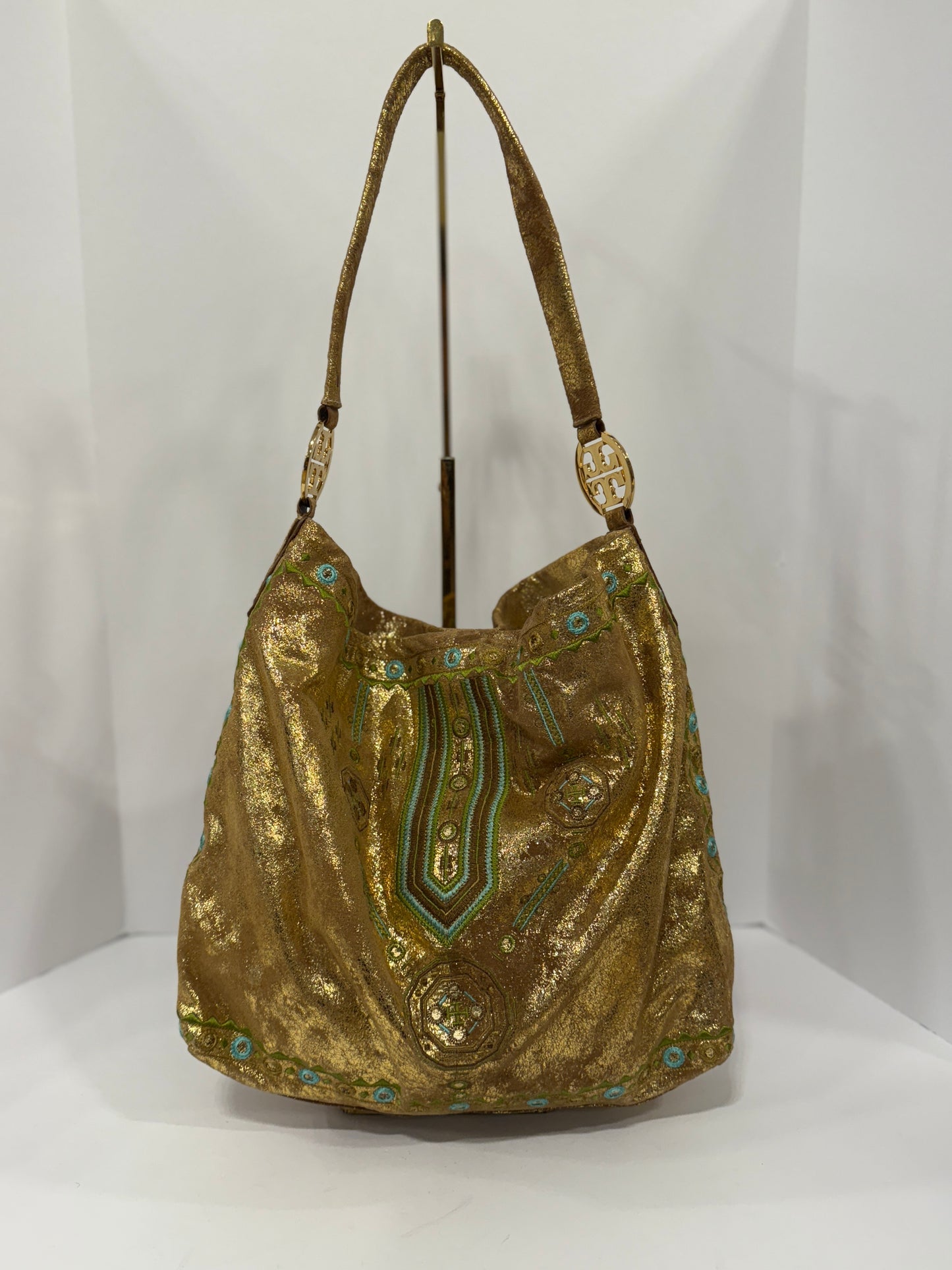 TORY BURCH Gold Suede Tote Bag