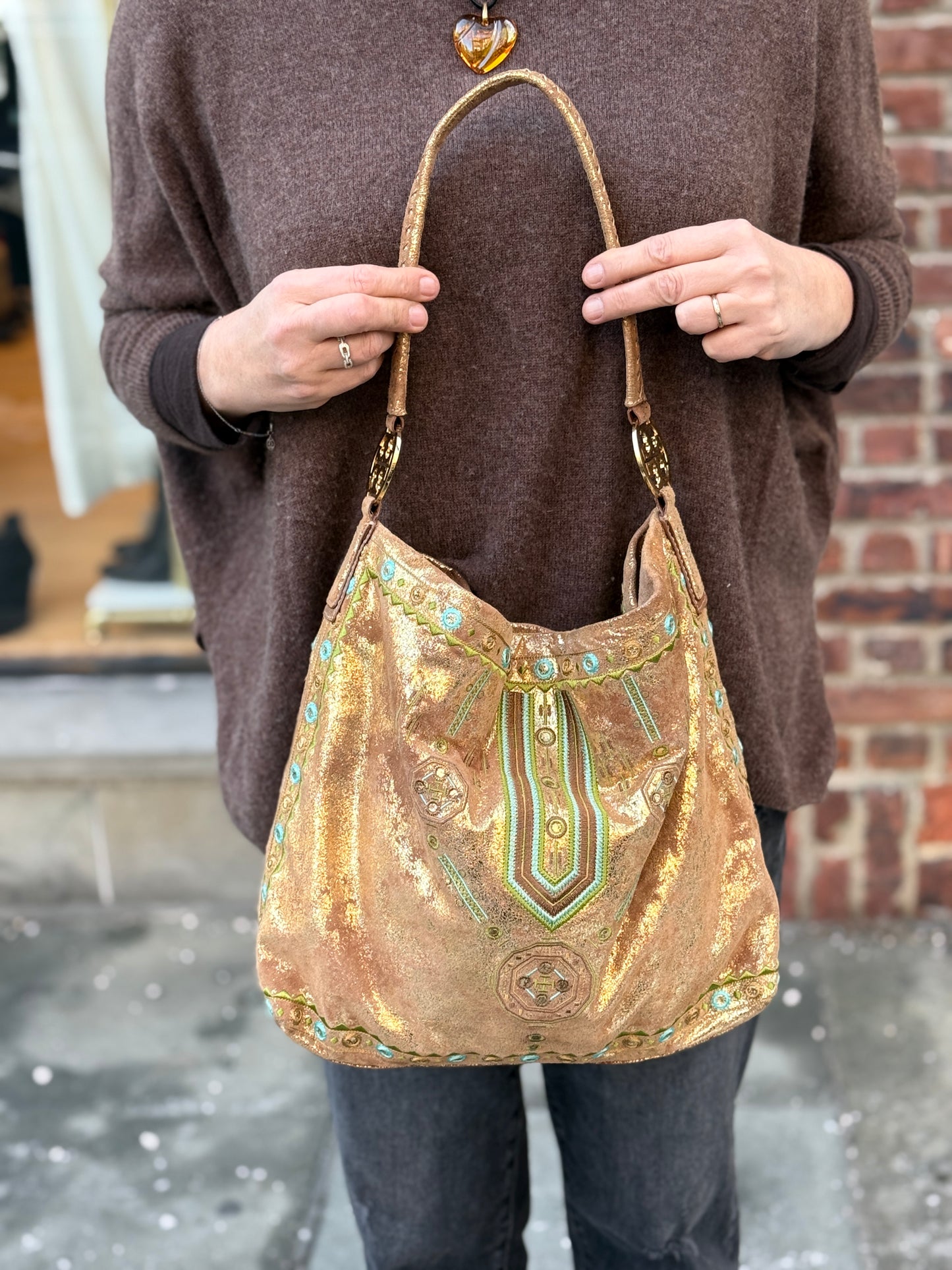 TORY BURCH Gold Suede Tote Bag