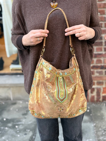 TORY BURCH Gold Suede Tote Bag