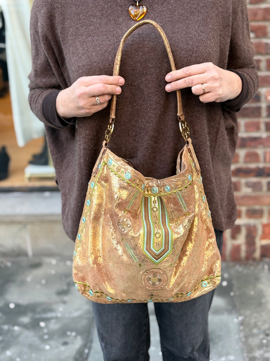 TORY BURCH Gold Suede Tote Bag