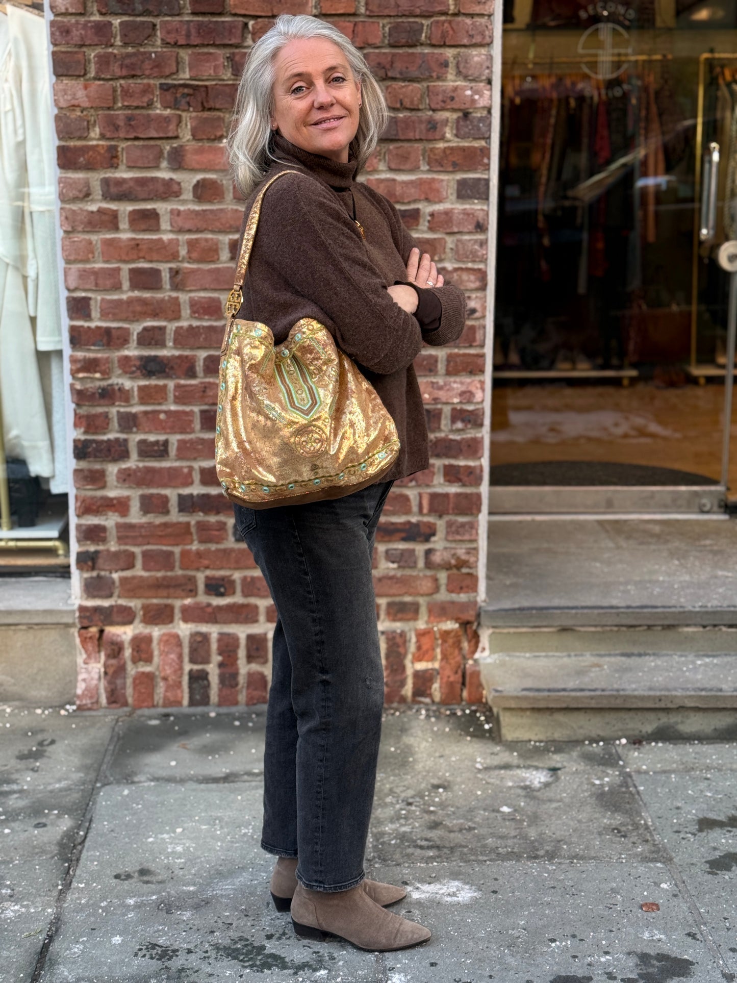 TORY BURCH Gold Suede Tote Bag