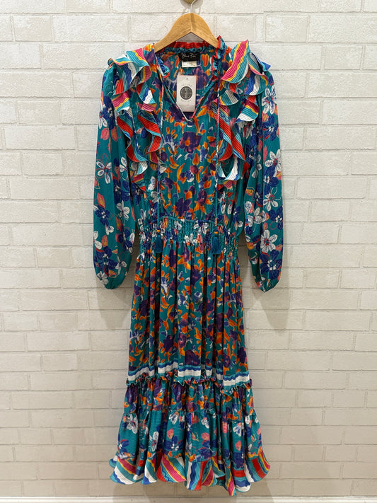 DIANE FREIS  Flower Print  LS Smock Maxi Dress/M