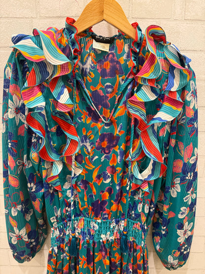 DIANE FREIS  Flower Print  LS Smock Maxi Dress/M