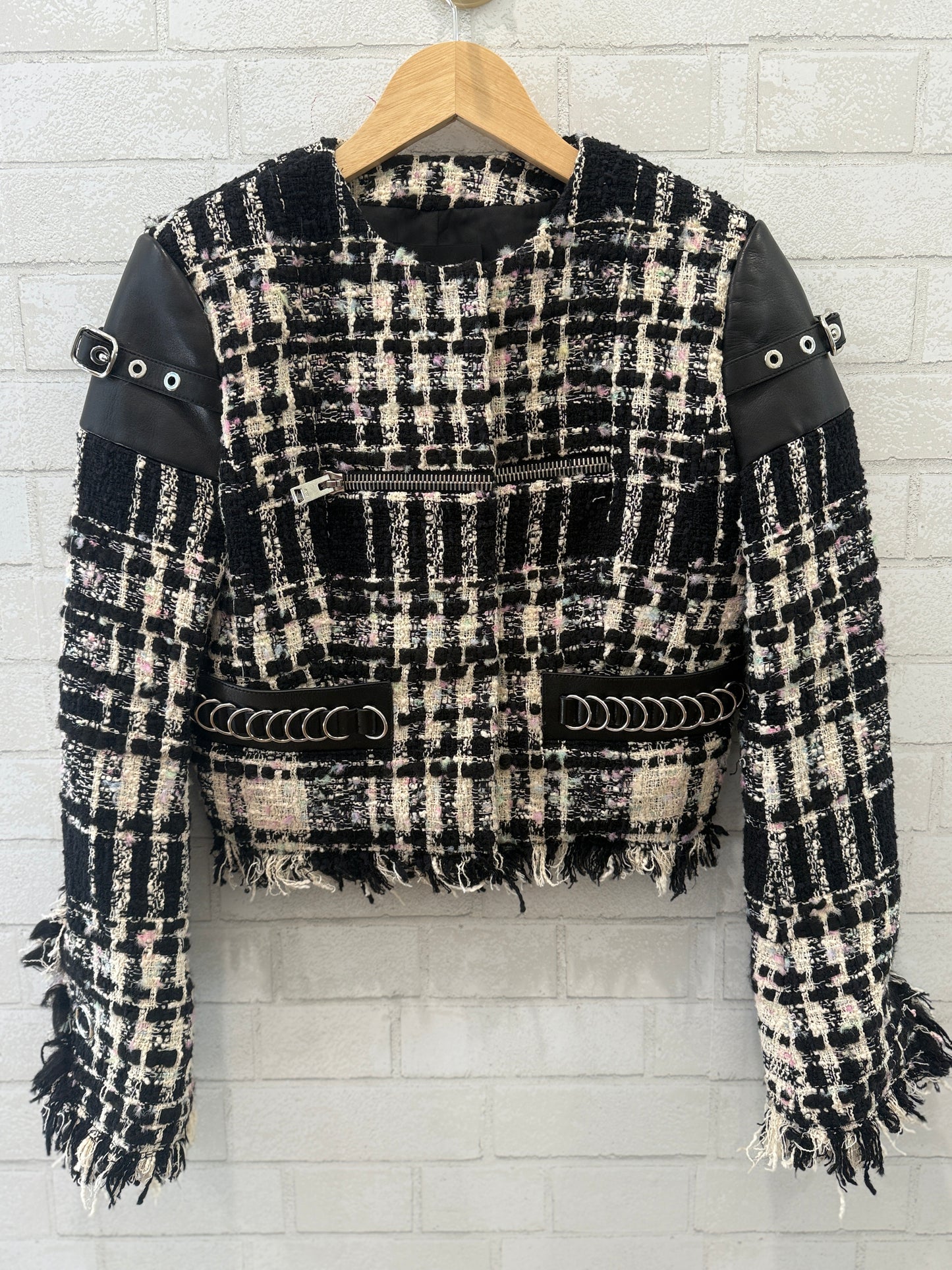 ALEXANDER WANG Cotton& Lamb Leather Tweed LS Cropped Jacket/M
