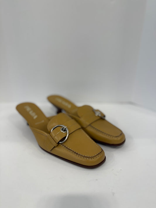 PRADA NWT Beige Madras Pesante Kitten Heels Mules / US9-EU39.5