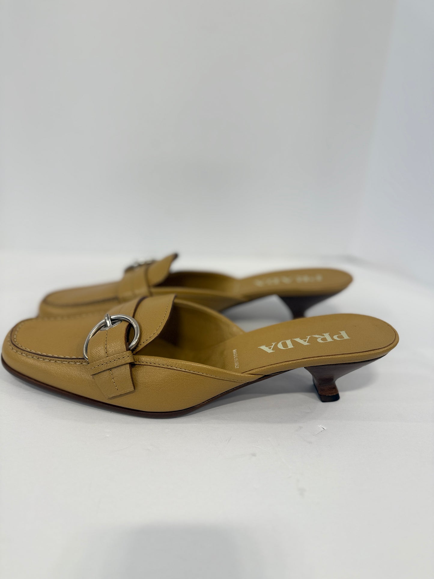 PRADA NWT Beige Madras Pesante Kitten Heels Mules / US9-EU39.5
