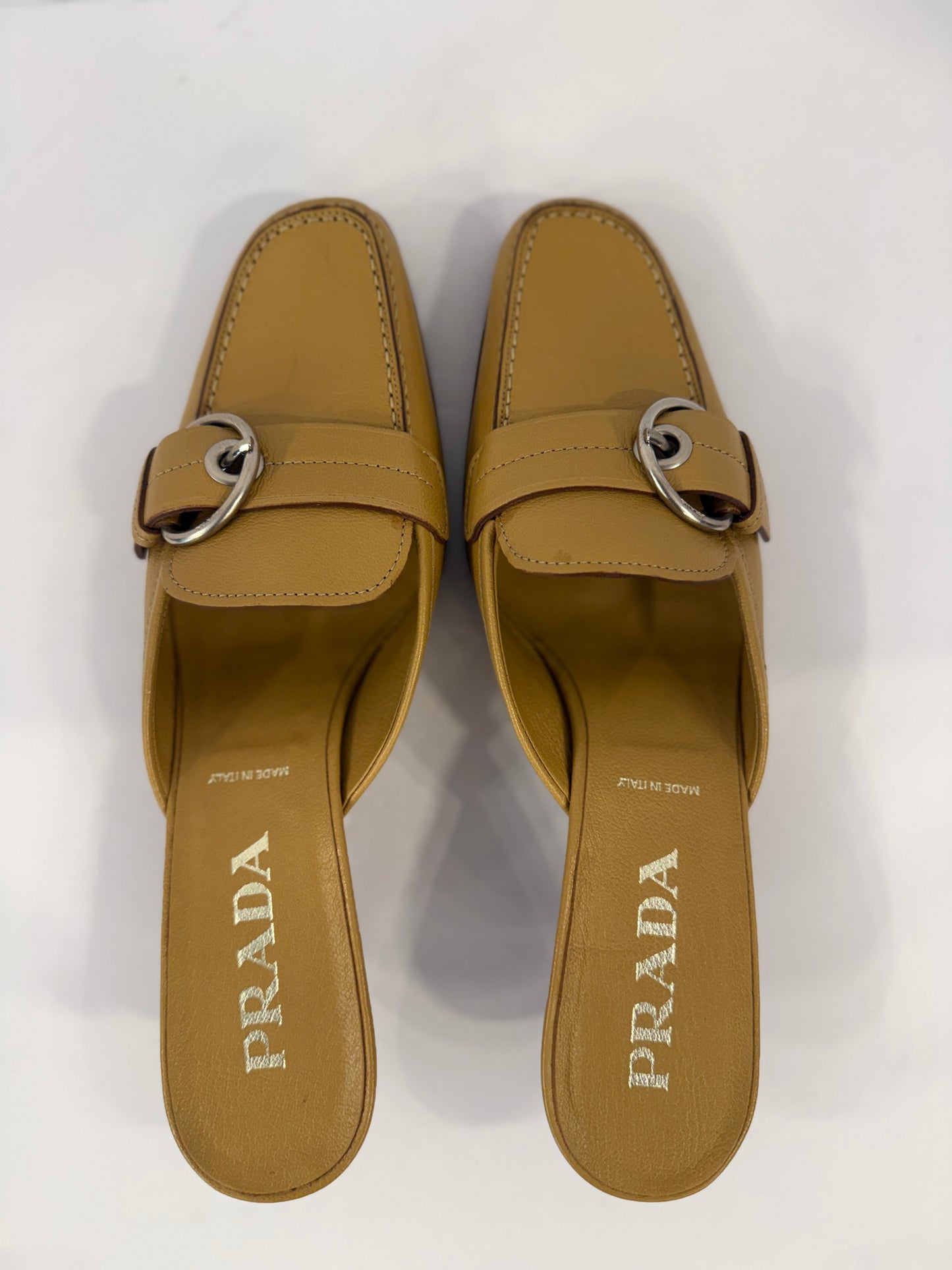 PRADA NWT Beige Madras Pesante Kitten Heels Mules / US9-EU39.5