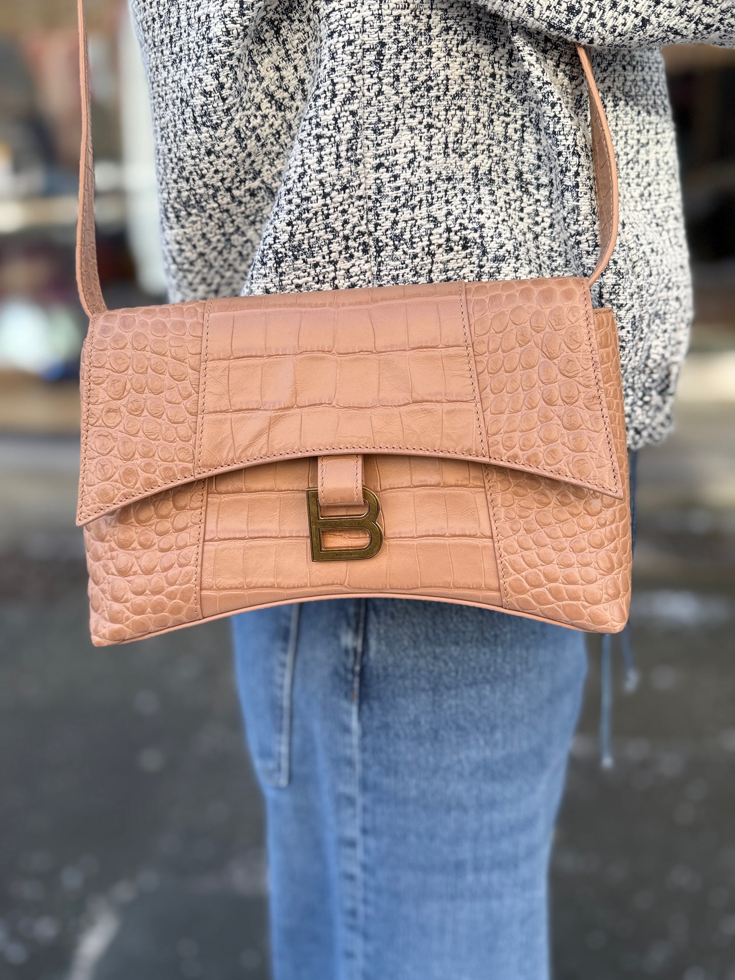 BALENCIAGA Downtown Shoulder Bag in Nude Croc-Embossed Leather — Authentic Pre-Owned | B Logo