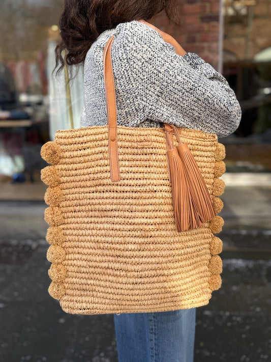 LOEFFER RANDALL NWT Raffia PomPom Tote Bag