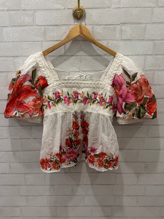 FARM RIO NWT Cotton  SS Flower Print  Square Neck Blouse/M