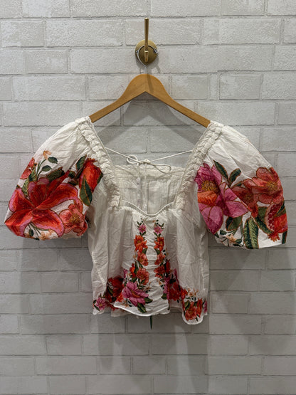 FARM RIO NWT Cotton  SS Flower Print  Square Neck Blouse/M