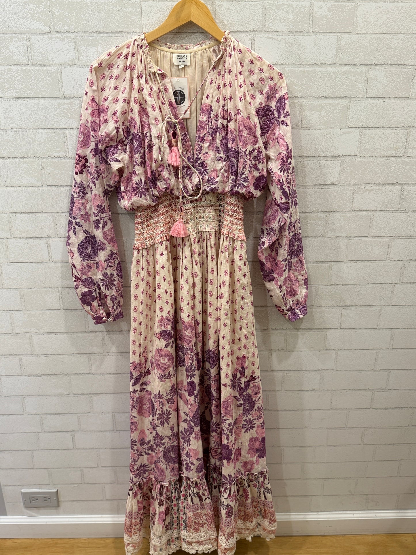 HEMANT & NANDITA Cotton LS Print Smock Maxi Dress/XS