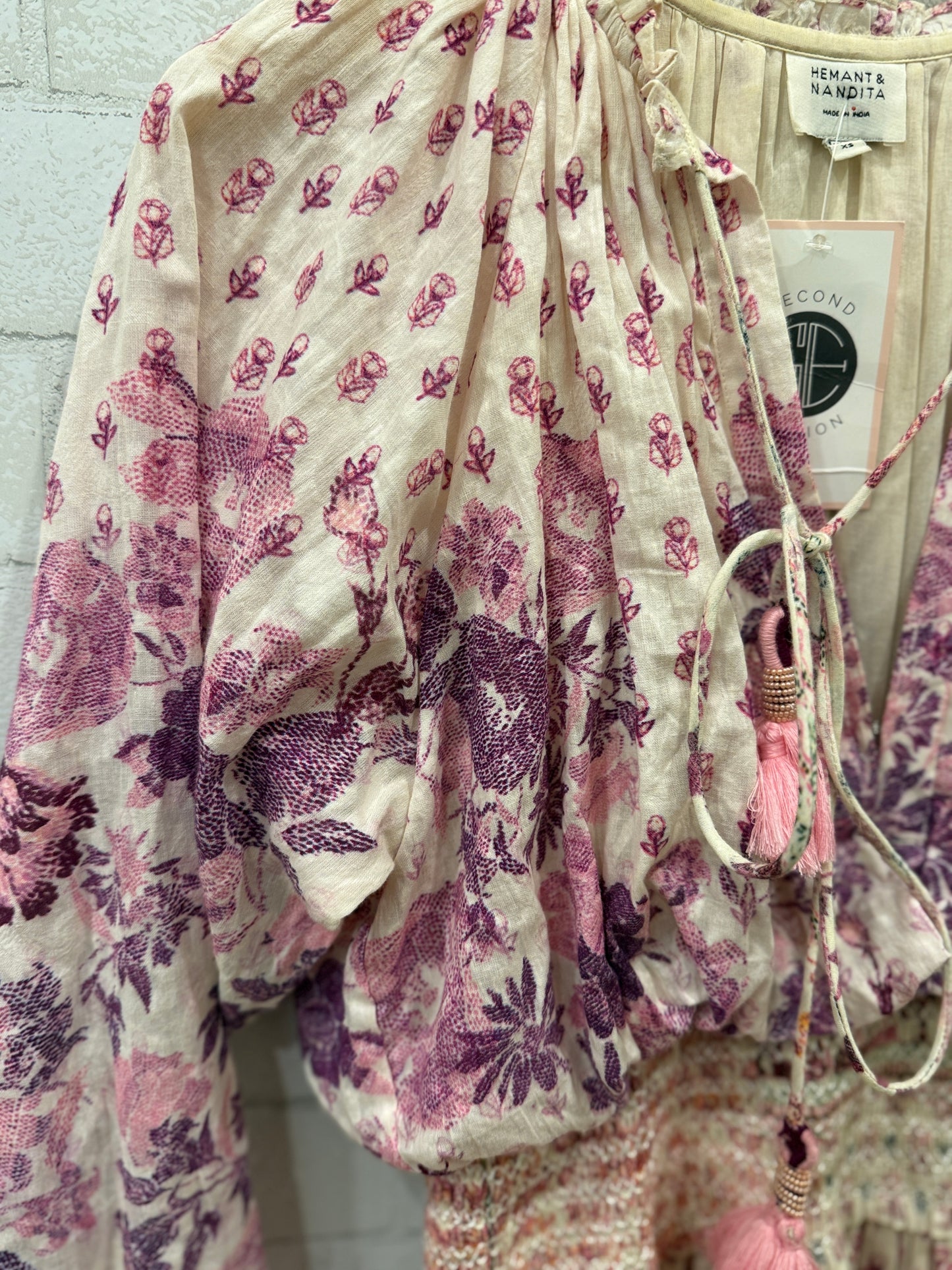 HEMANT & NANDITA Cotton LS Print Smock Maxi Dress/XS