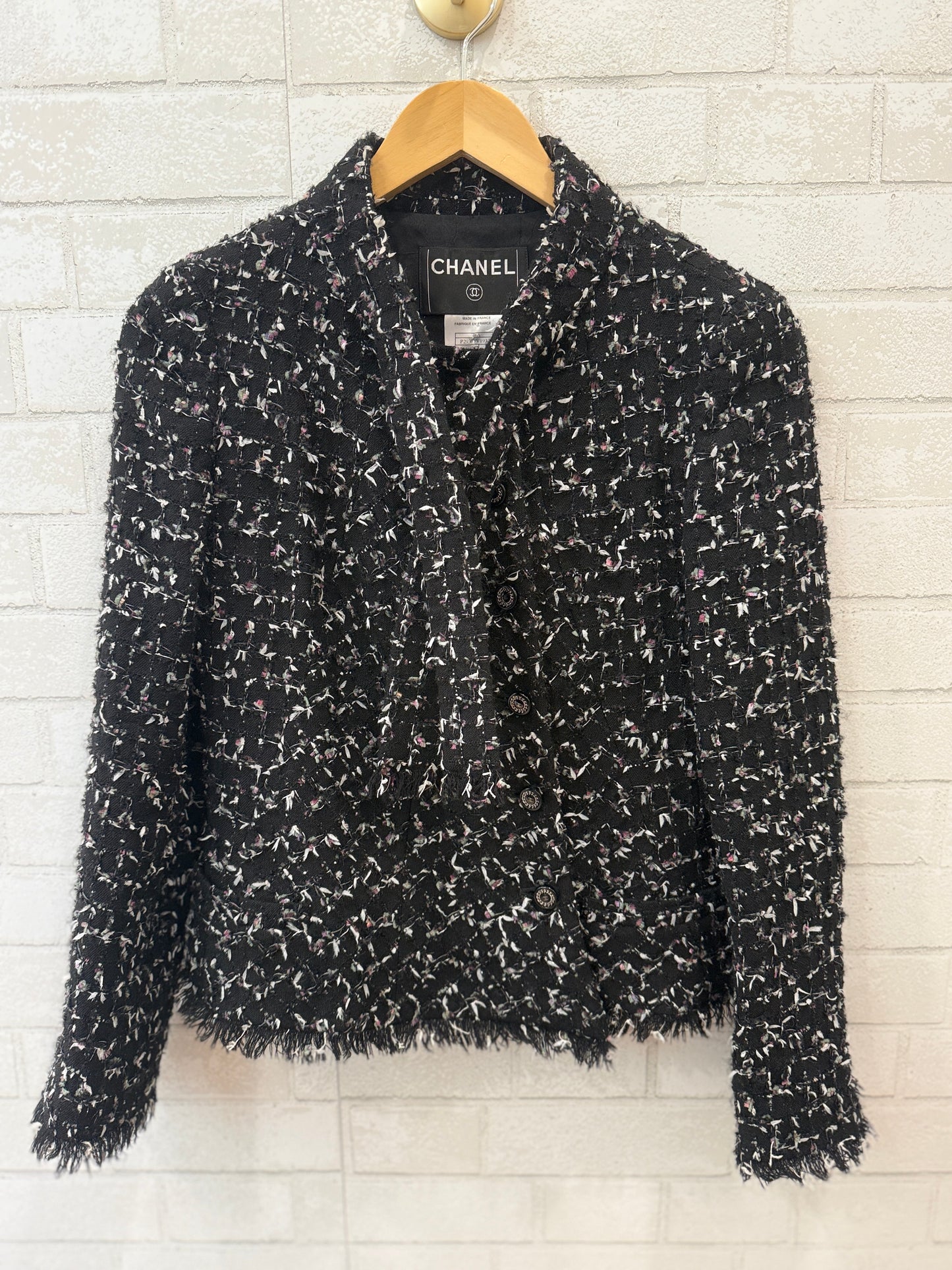 CHANEL Karl Lagerfeld Black Multicolor Bouclé Tweed Jacket with Fringe Trim — Authentic Pre-Owned | FR36 / US4