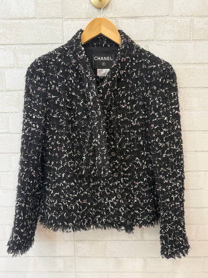 CHANEL Karl Lagerfeld Black Multicolor Bouclé Tweed Jacket with Fringe Trim — Authentic Pre-Owned | FR36 / US4