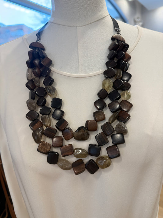 NO BRAND Wood& Stone Pearls Multi Row Necklace