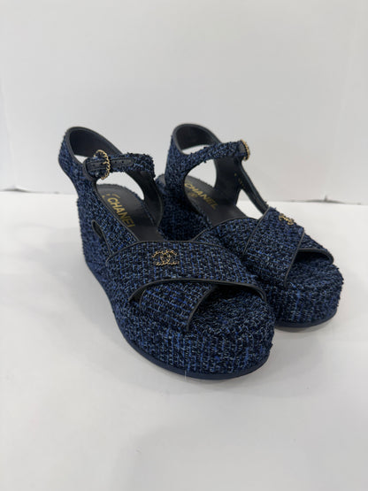 CHANEL Silk Linen Tweed CC Platform Sandals / US6.5-EU37.5