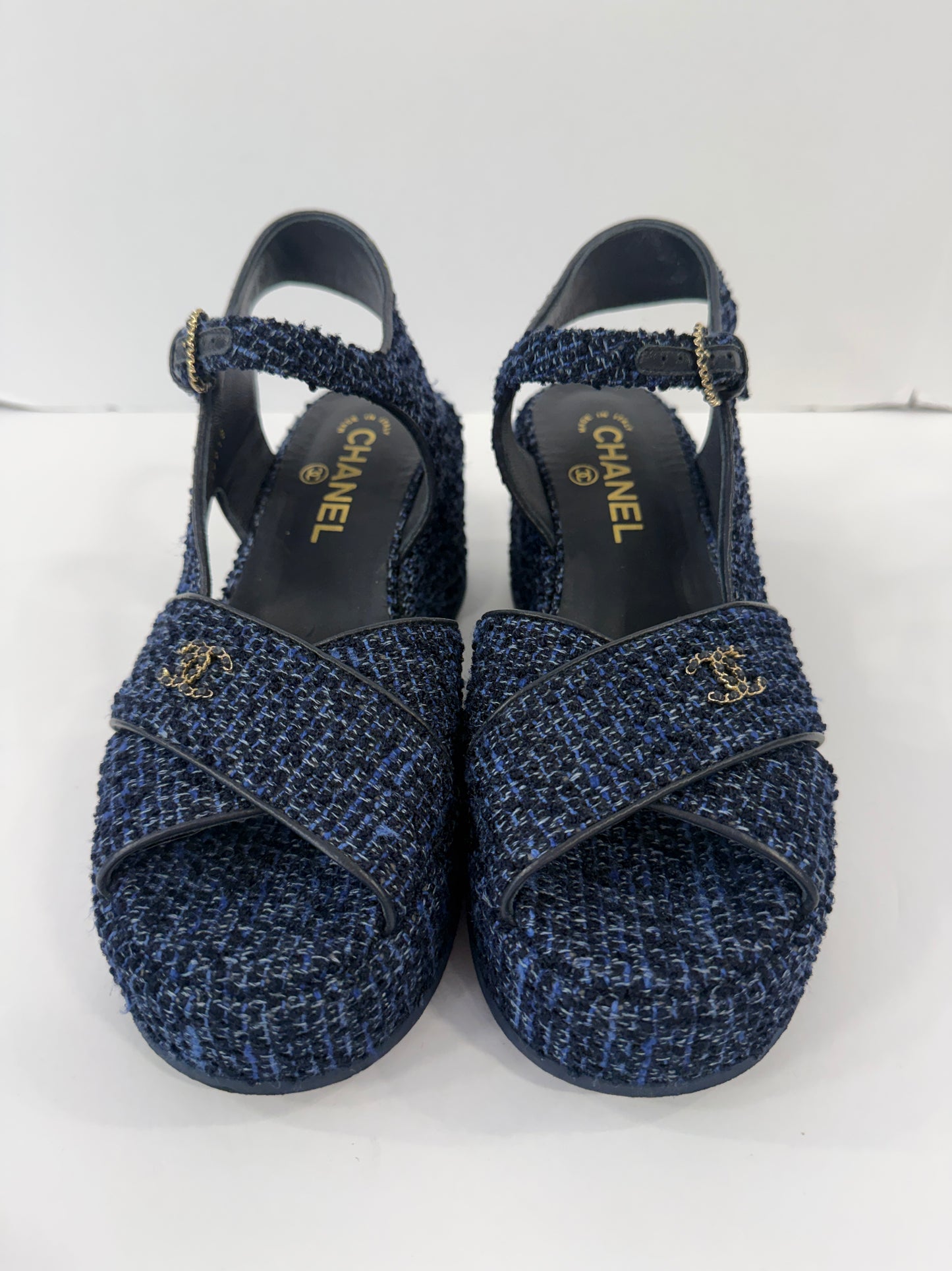 CHANEL Silk Linen Tweed CC Platform Sandals / US6.5-EU37.5