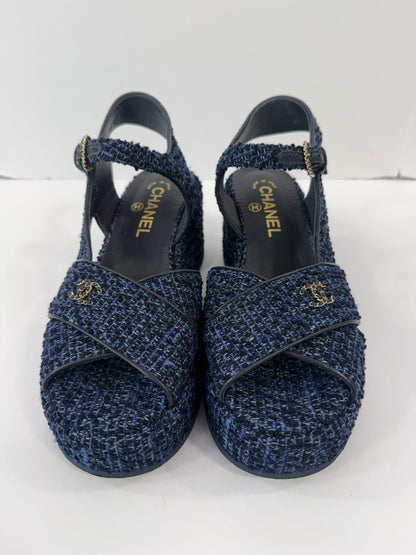 CHANEL Silk Linen Tweed CC Platform Sandals / US6.5-EU37.5
