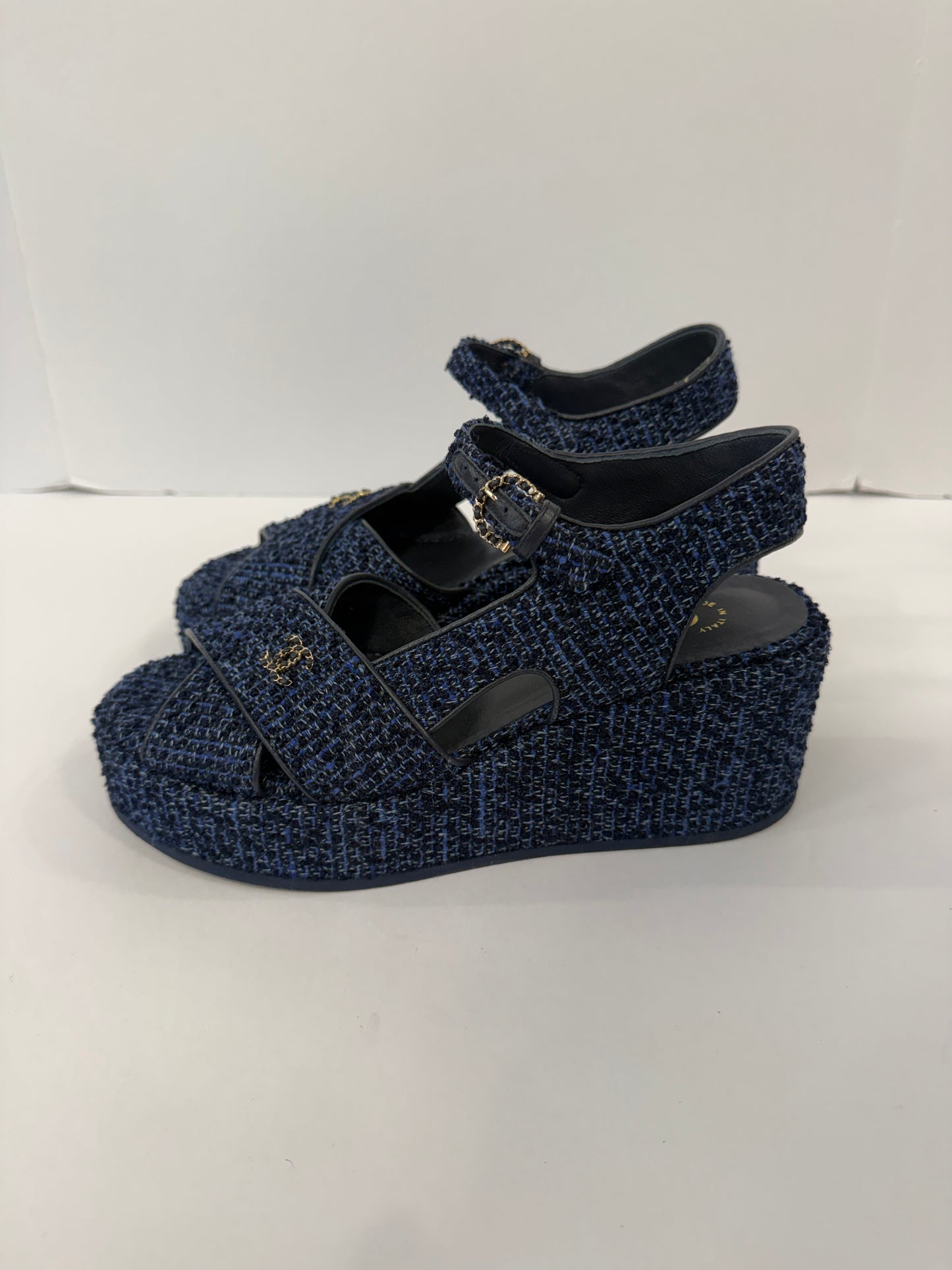 CHANEL Silk Linen Tweed CC Platform Sandals / US6.5-EU37.5