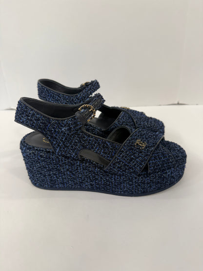 CHANEL Silk Linen Tweed CC Platform Sandals / US6.5-EU37.5