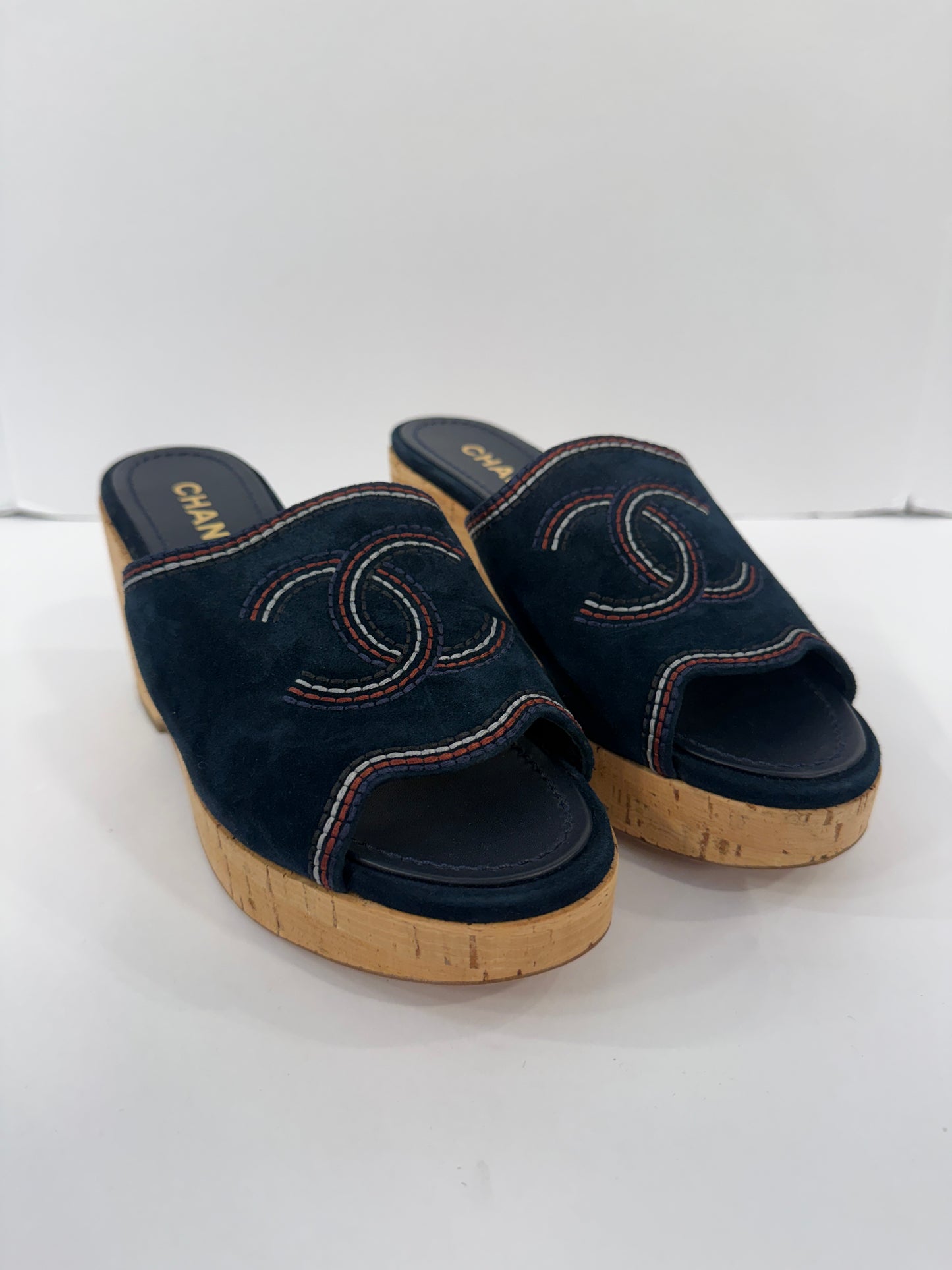 CHANEL Suede Cork Platform Wedge Sandals / US6-EU37