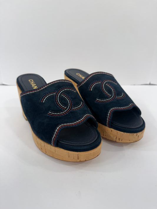 CHANEL Suede Cork Platform Wedge Sandals / US6-EU37