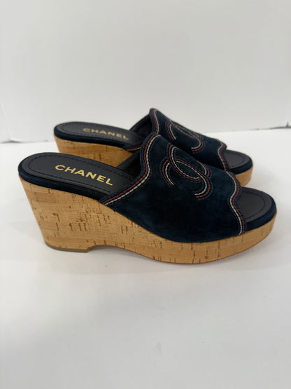 CHANEL Suede Cork Platform Wedge Sandals / US6-EU37