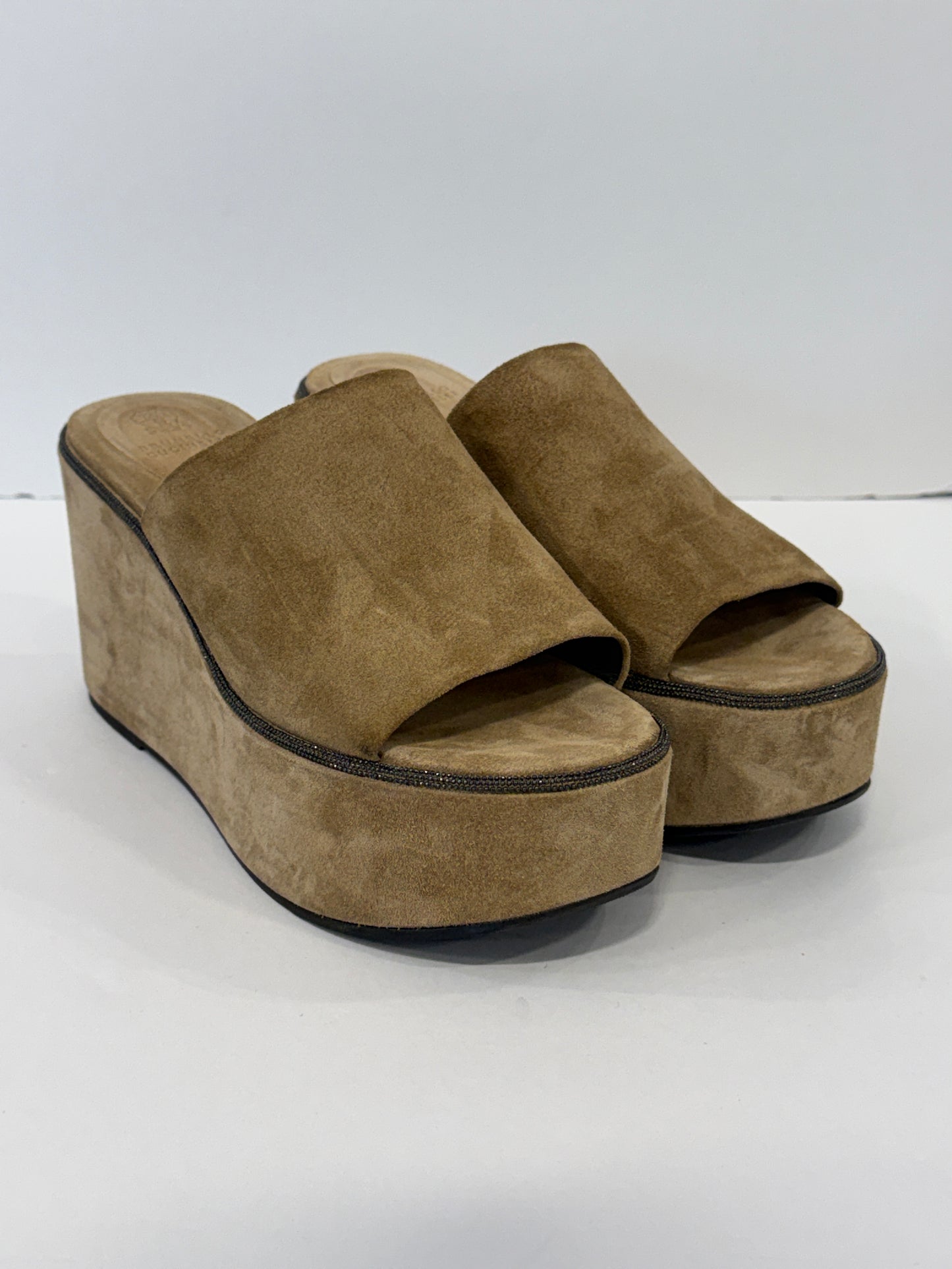 BRUNELLO CUCINELLI Beige Suede Metallic Embellishment Wedges Sandals / US7-EU38